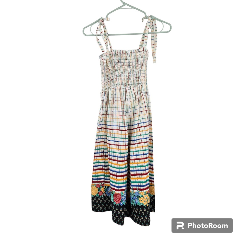 Vintage 70s Dress White Multi Striped Floral Smocked Tie Strap Midi Retro Size S